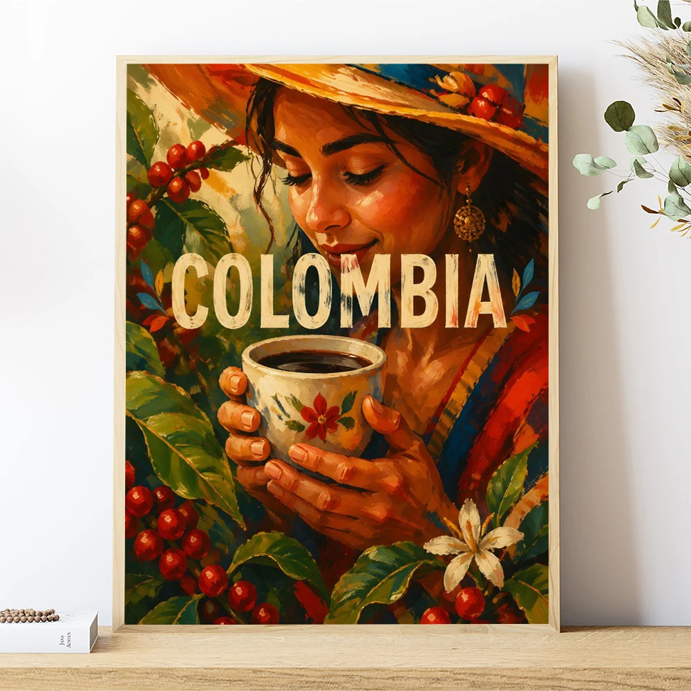 Colombia Coffee Art Print Woman With Coffee Poster Kitchen Wall Art Guatemala Ethiopian Coffee Art Traditional African Canvas