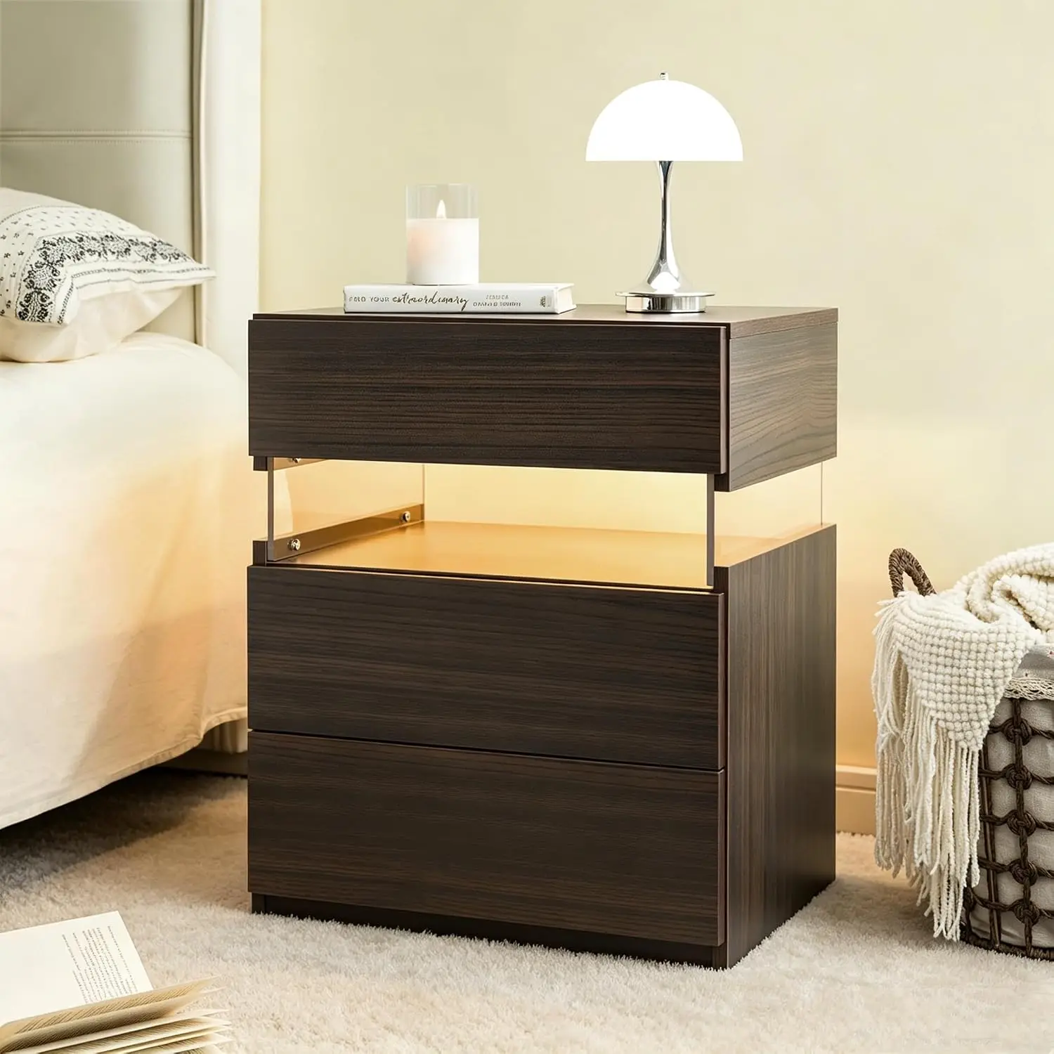 Brown LED Nightstand Modern Night Stand for Bedroom with Drawer