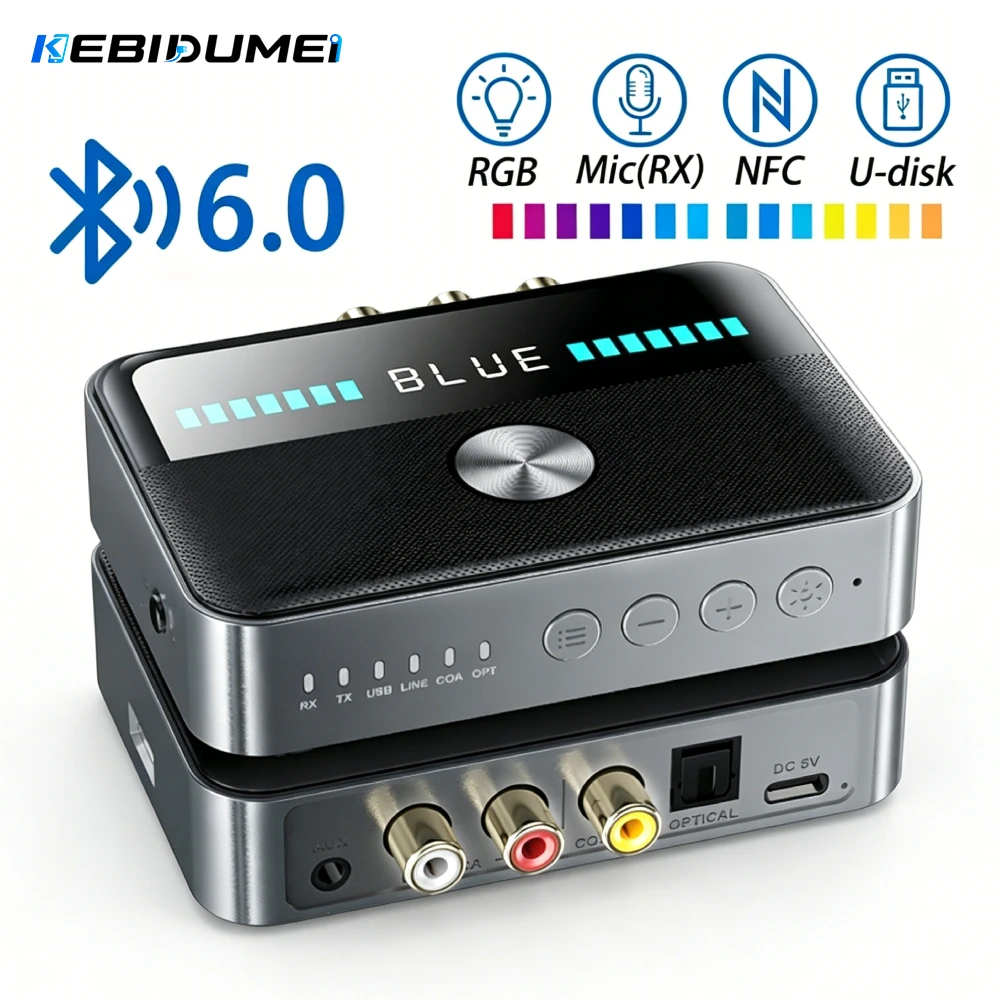 KEBIDUMEI NFC Bluetooth 6.0 Audio Receiver Transmitter RGB Audio Adapter 3.5MM AUX RCA Coaxial Optical DAC Converter for TV PC C