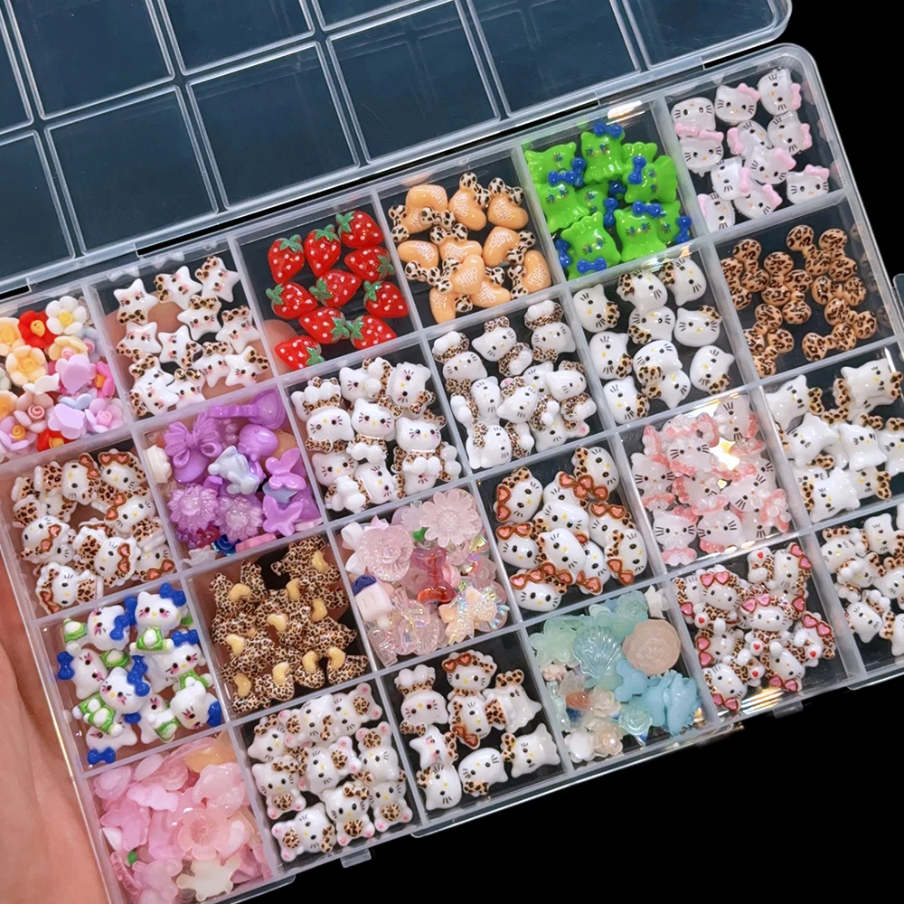 12/24グリッド 3D キュート レオパード柄 ハローキティ ネイルチャーム 漫画 キティちゃん リボン ネイルアート ラインストーン ジュエリー レオパード キャット ネイルジェム