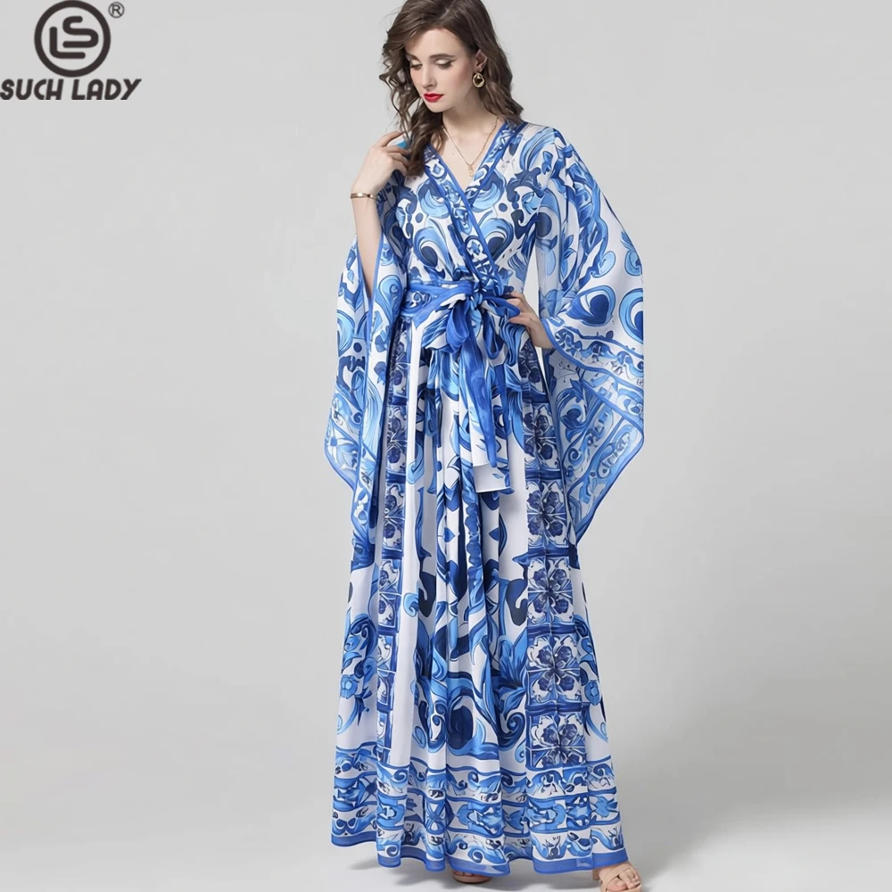 

Women's Print Max Dress V-Neck, Flowy Bell Sleeves, Self-Tie Waist, Lightweight Chiffon, Boho Beach Fashion Vestidos