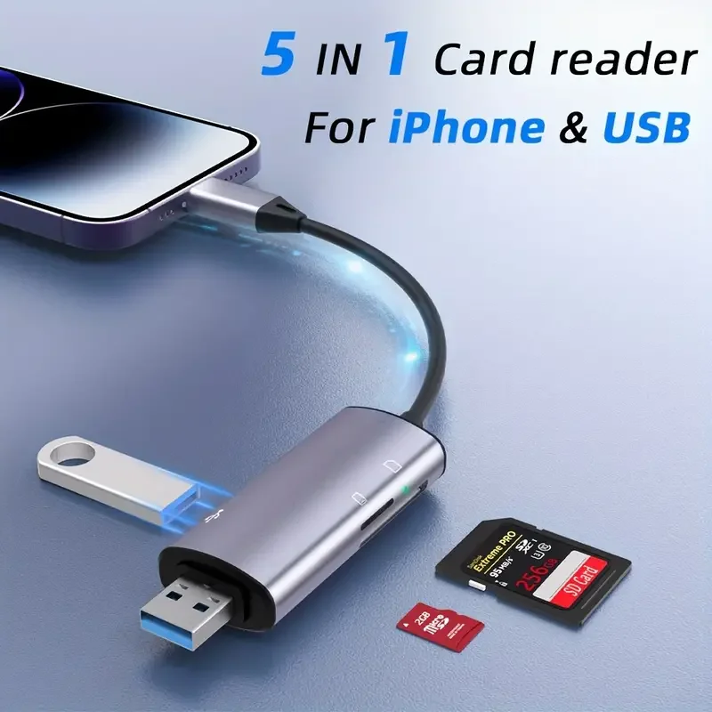 SD Card Reader for iPhone, USB 3.0 HUB Adapter with SD TF Ports, Plug N Play, Dual Card Slot, Memory Card Reader, 5 in 1