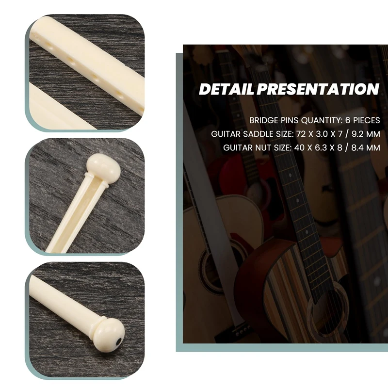 6 Bridge Pins + Saddle + Bridge Saddle Bone / Bone Acoustic Guitar White