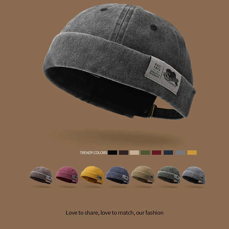 Vintage Washed Denim Brimless Docker Hat Men Cloth Tag Roll Edge Landlord Cap Adjustable Retro Street Skullcap