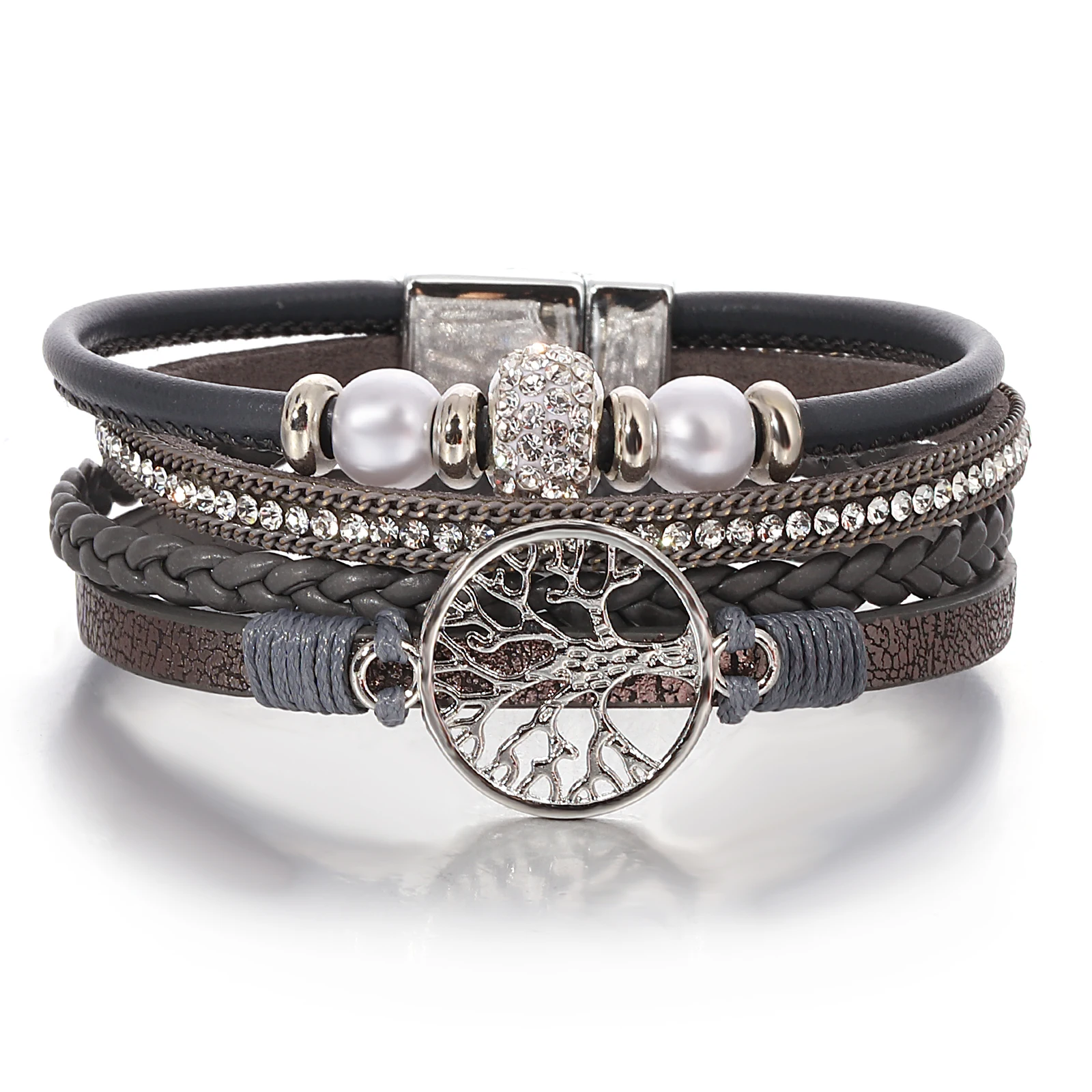 ALLYES Vintage Tree of Life Braided Leather Bracelet Boho Rhinestone Beads Pearl Colorful Cuff Bangle Bracelets for Women