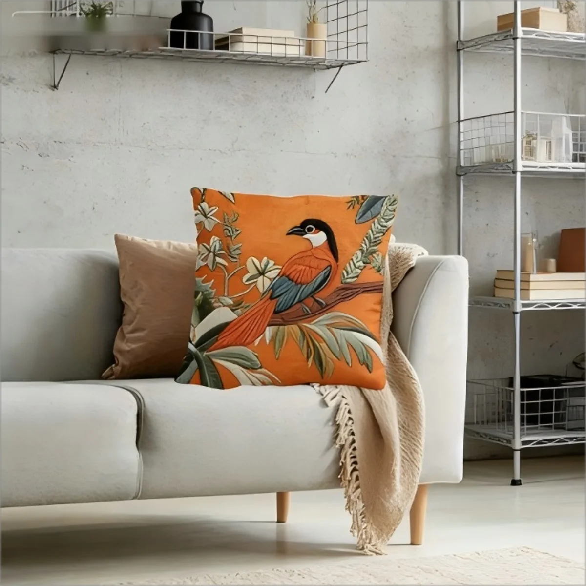 Double Sided Printed Vintage  Effect Bird Pillow Cover Tropical Floral Orange Soft Throw Pillow Case for Home Decor