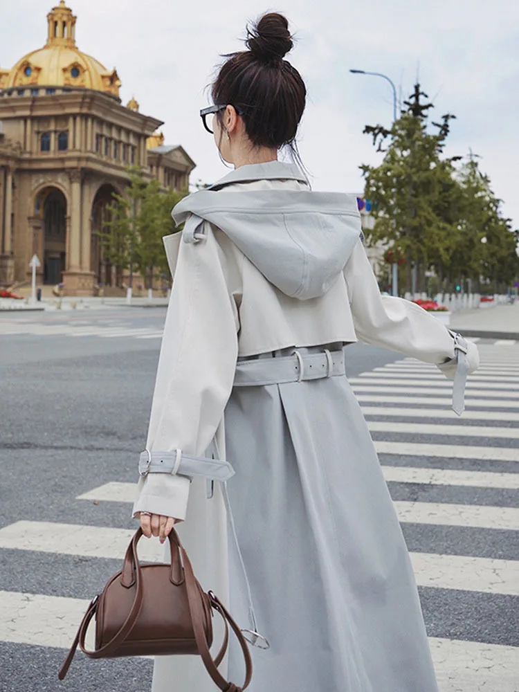 LANMREM Fashion Windbreaker For Women Hoodied Color Block Long Sleeves Double Breasted Loose Big Size Female Streetwear 2DA7506