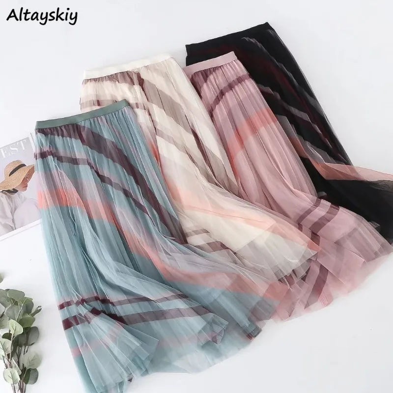 

Mesh Skirts for Women High Waist Summer Clothing Elegant New Middle Age Fashion Loose Streetwear Printed Thin Casual Mid-calf