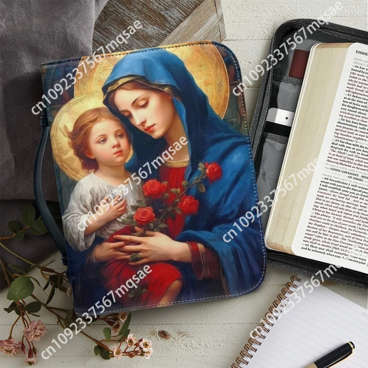 

Hot Women's Leather Handbags New Christian Virgin Mary Pattern Print Bible Cover Case Custom Bible Study Book Holy Storage Boxes