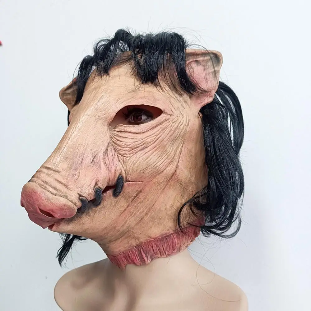 Animal Cos Mask Black Hair Pig Headgear Halloween Cosplay Scary Ball Props Evil Latex Headwear Full Head Masks