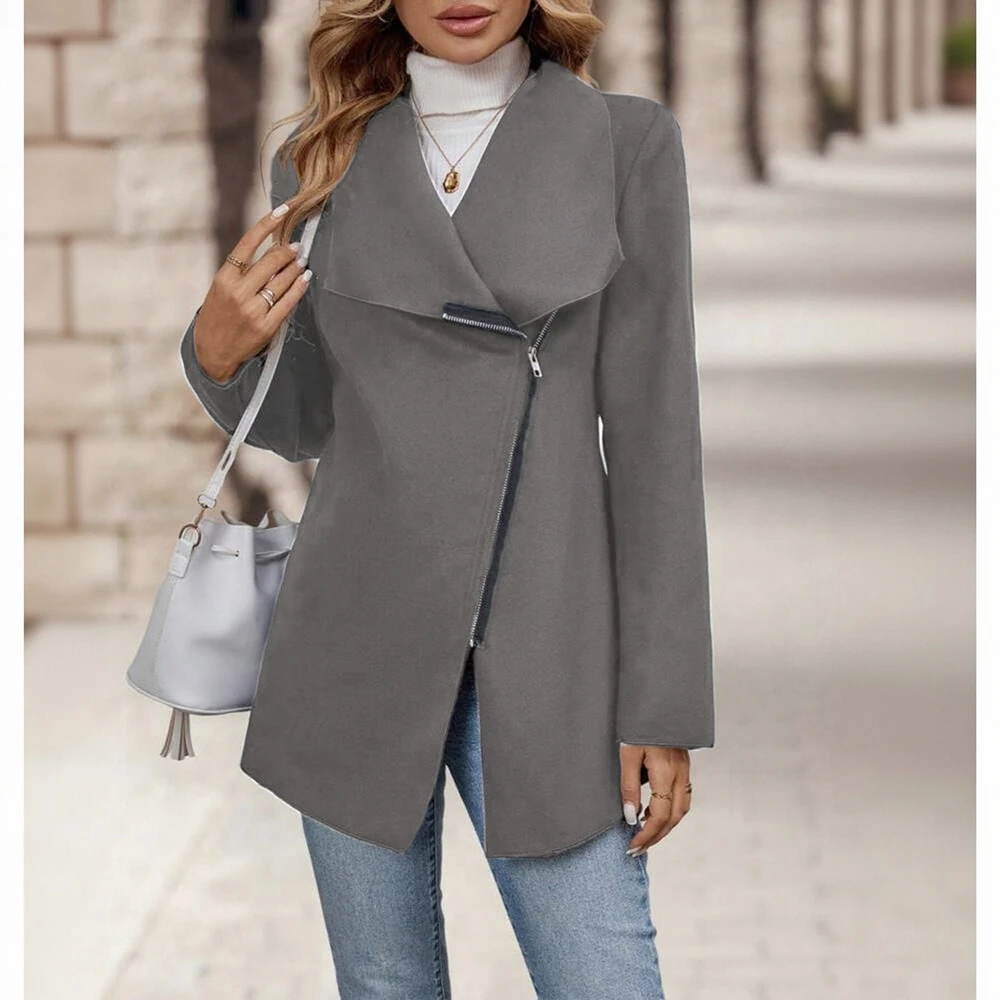 

Женское пальто на молнии с длинными рукавами и лацканами в корейском стиле, осенняя однотонная повседневная верхняя одежда обычного кроя