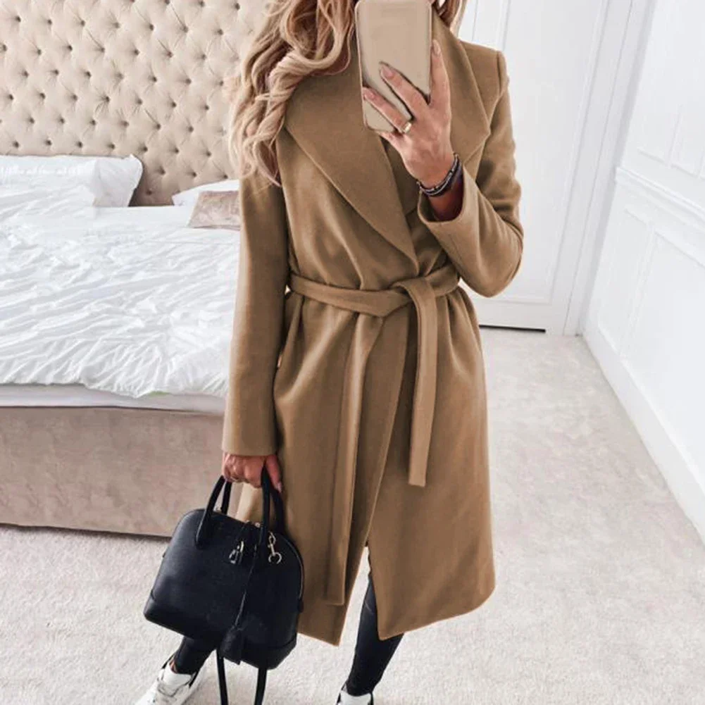 

Polyester Jacket Jacket Strap Lapel Outwear Tops Overcoat Simple Solid Color Trench Coat Commuting Winter Warm