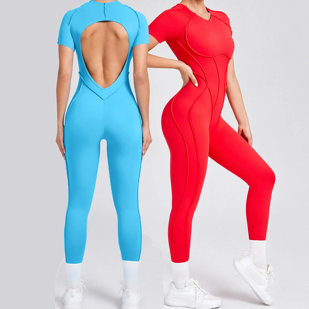 

Женский спортивный костюм, комплект для спортзала, бесшовные комбинезоны для йоги, фитнес-подъемник бедер, цельный костюм с открытой спиной и короткими рукавами, женские спортивные комбинезоны