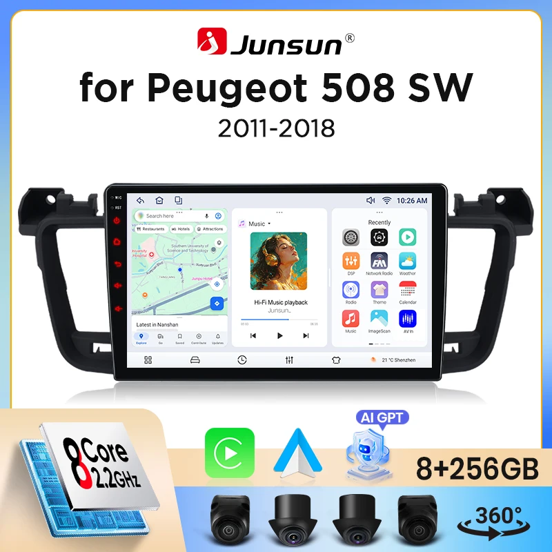 Autoradio Junsun sans fil CarPlay Android Auto pour Peugeot 508 Mk1 (W2) 2011-2014 avec ventilateur de refroidissement intégré, navigation GPS Android, lecteur multimédia, WiFi, DSP, RDS, BT, SWC,