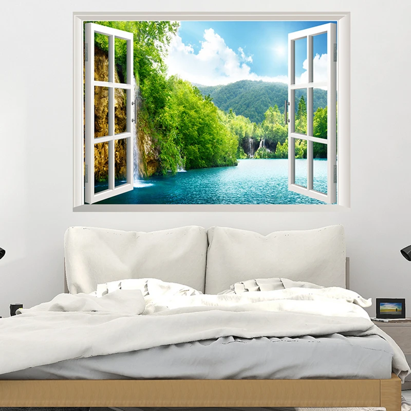Fresh Lake View Mural for Home Decoration Aesthetic Rooms Walls Art Big Window Mountain Water Waterfall Scenery Poster Stickers
