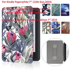 For Kindle Paperwhite 12th Gen 2024 Signature Edition 7 Inch Print Smart Cover for Kindle Colorsoft 7'' Ebook HandStrap Case