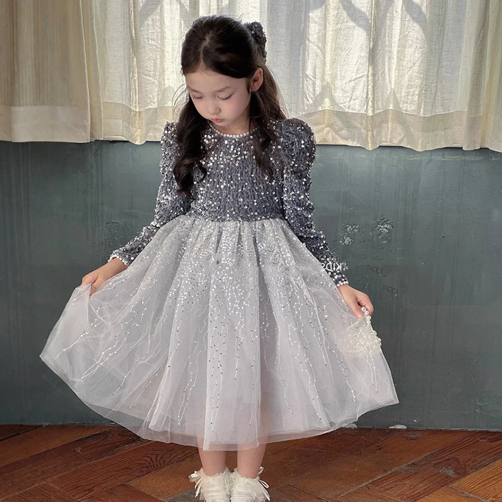 

Girls Velvet Sequin Dress Autumn Winter Mesh Splicing A-line Birthday Princess Dresses Red Thickened Warm Christmas Clothes