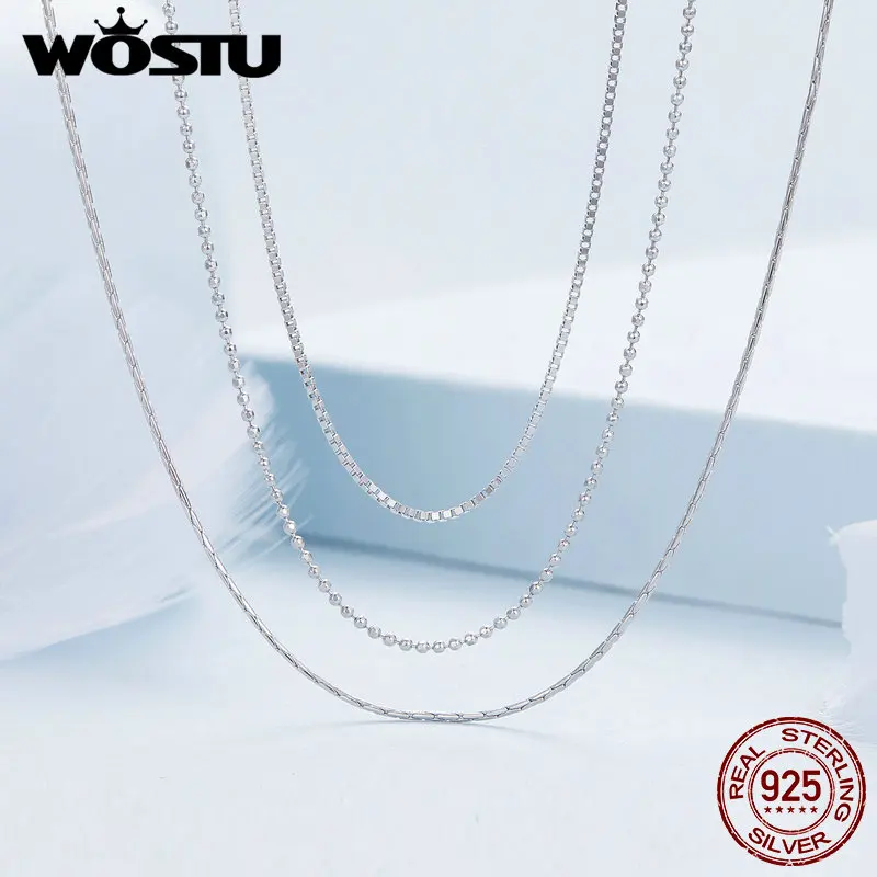 WOSTU 925 Sterling Silver Triple Layer Necklace Box Chain Round Bead Choker Box Snake Chain Women's Fine Accessories Party Gift