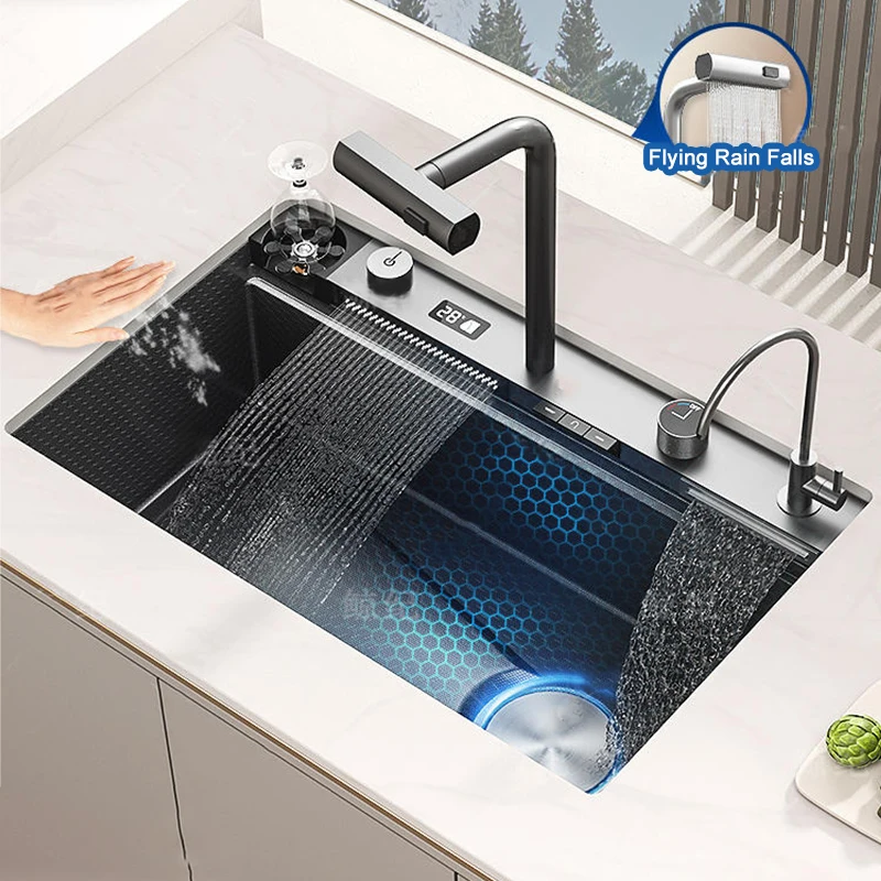 

Digital Display Waterfall Kitchen Sink Stainless Steel Large Single Slot Right Side Under mount Cup Washer Outlet Piano Keys