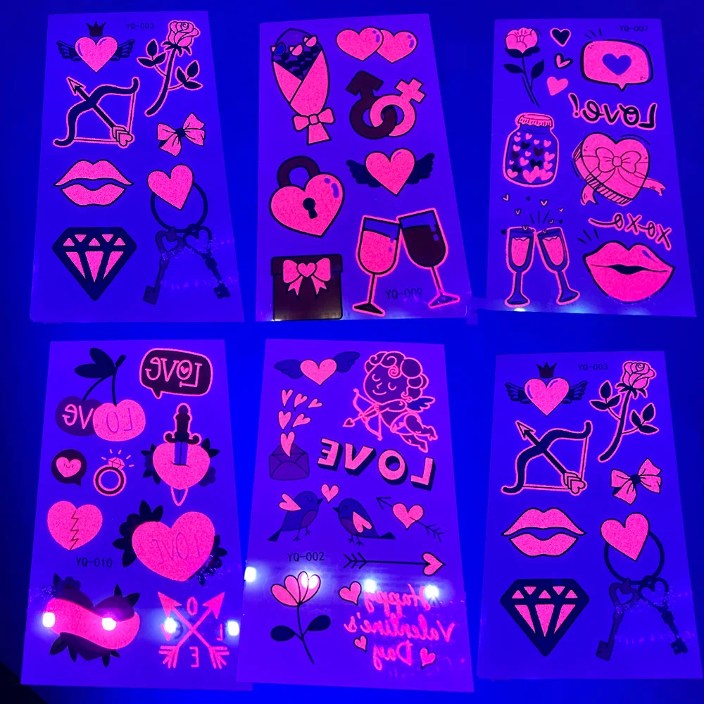 

10 Sheets Glow in The Dark Tattoos Stickers Neon Heart Temporary Makeup UV Neon Body Heart Lip Bride Wedding Valentine Decor