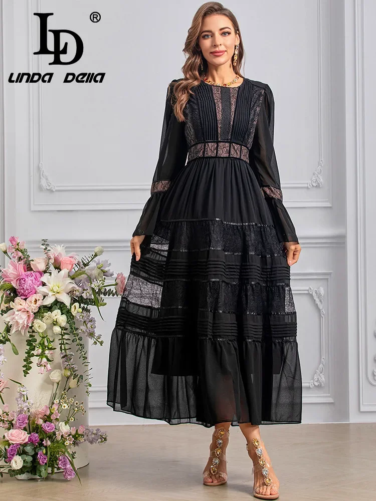 LD LINDA DELLA 2024 Summer Fashion Dress Women Vintage Lace Sexy Chiffon Draped Embroidery Temperament Flare Sleeve Dresses