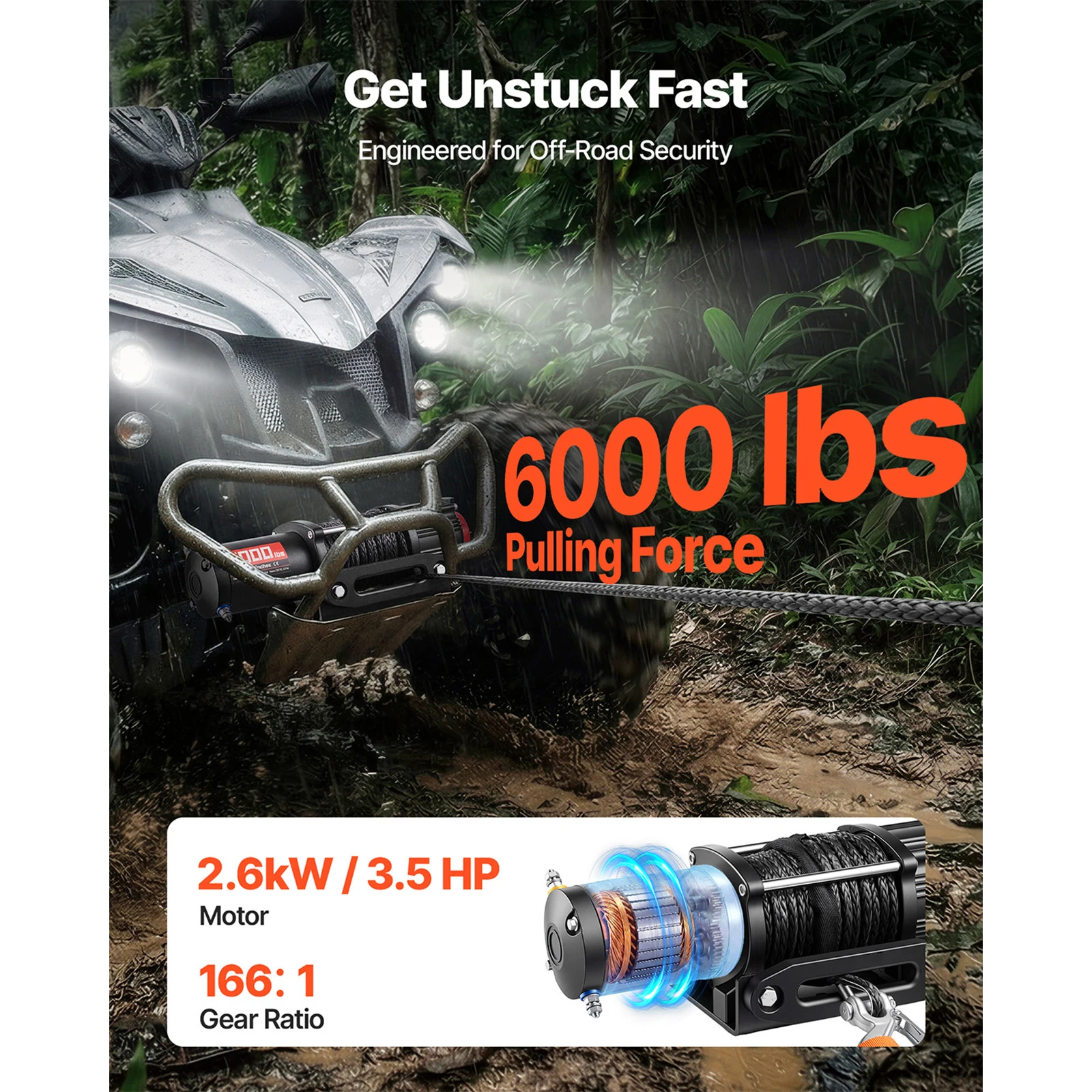 SucceBuy 6000LBS Electric Winch 12V ATV/UTV Winch with 49.2ft Synthetic Rope Wireless & Wired Remote Control for Towing Off-Road