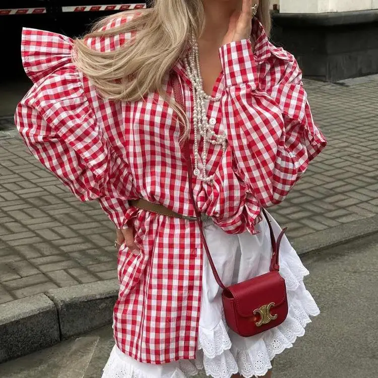 

Casual Style Cotton Plaid Women's Shirt with Ruffled Edges Long Sleeve Striped Pattern Non-Shrink Fabric Women's Shirt