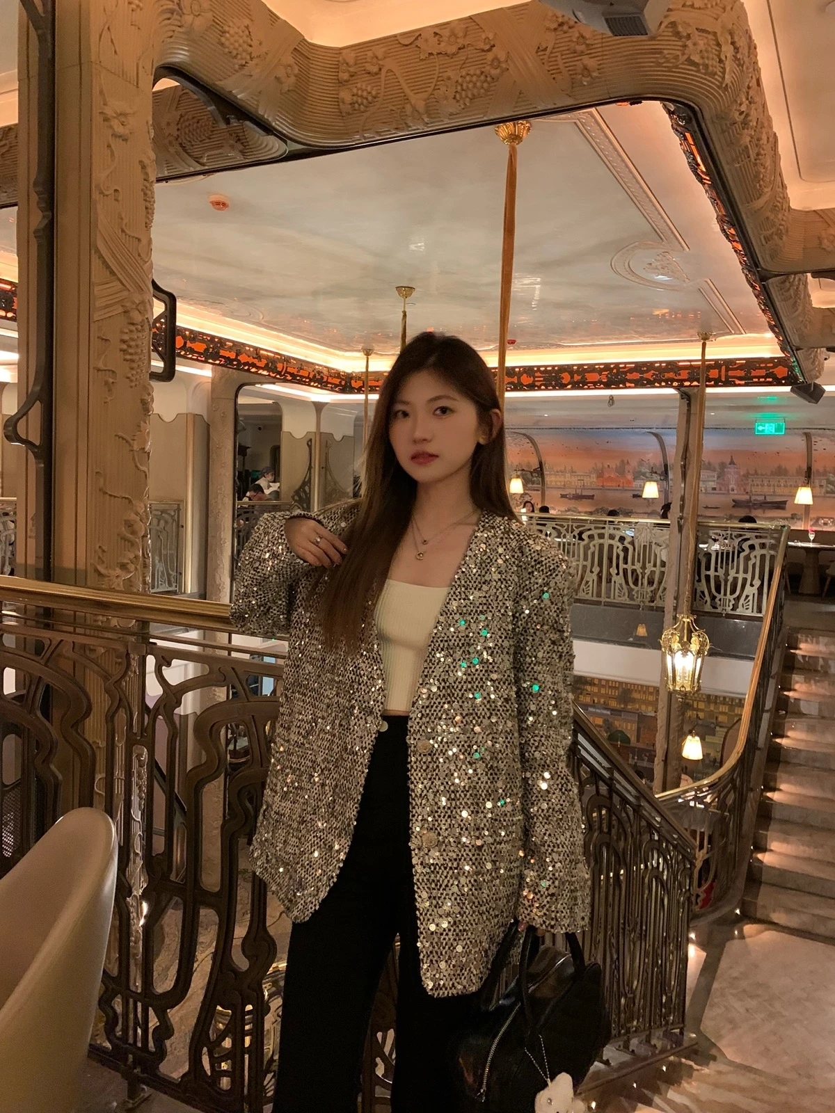 Advanced V-neck Silver Sequin Coat for Women 2024 Spring Clothes New Fashion Loose Long Sleeves Versatile Lady Suit Jacket Coats