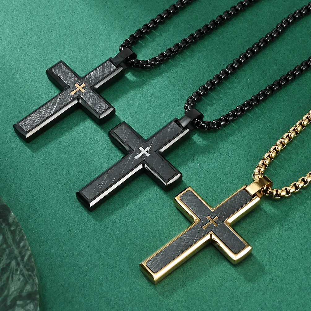 Cross Pendans Two Tone Messy Sand Beveled Stainless Steel Men Light Luxury Fashion Personalized Necklaces Jewelry