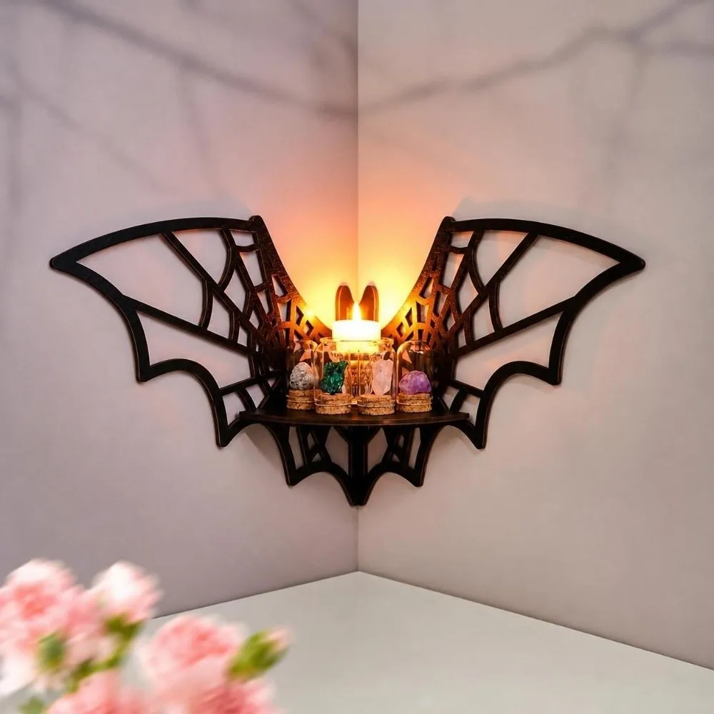 Wooden Bat Corner Shelf Black Wall Mounted Floating Storage Shelf Creative Shape Hollow Pattern Wall Display Shelf Indoor Use