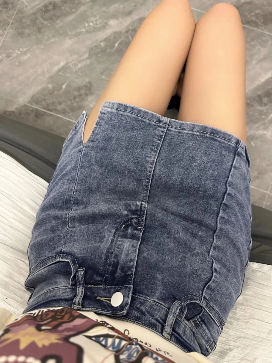 Falda vaquera de talla grande para mujer, de cintura alta con abertura, estilo Hong Kong, corta cruzada, línea A, anti-transparencias, tipo Levis, para verano