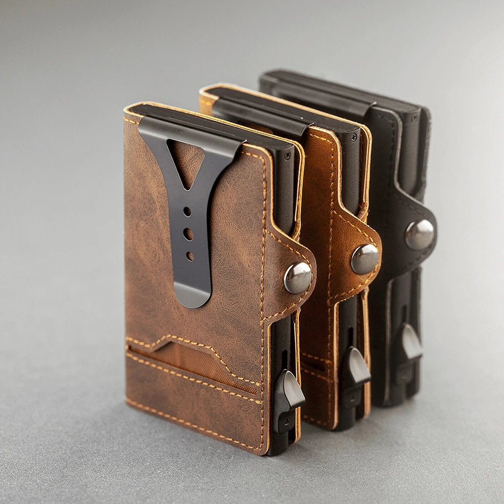 New Fashion Men Wallet Pu Leather Pop Up Card Holder Anti-RFID Slim Minimalist Smart Wallet with Money Clip & ID Window