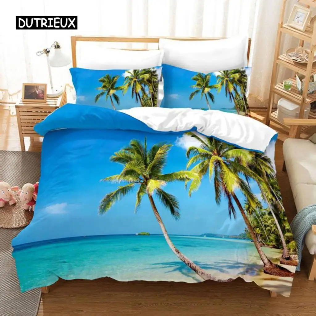 

Ocean Duvet Cover Set Summer Beach Decor Hawaiian Vacation Style Bedding Set Palm Tree Tropical Nature Sea Polyester Quilt Cover