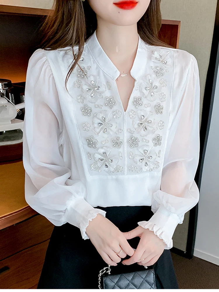 

QOERLIN High Quality Beading White Shirts Elegant Women 2023 New Bubble Sleeve Tops Blouse Mesh Shirts Korean Fashion Outfits