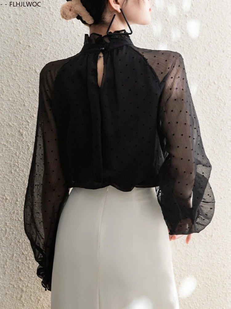 黒薄手のメッシュ韓国シックなトップス Blusas オフィスレディエレガントな薄いセクシーな透明な基本シャツ FLHJLWOC ファッション女性ブラウス