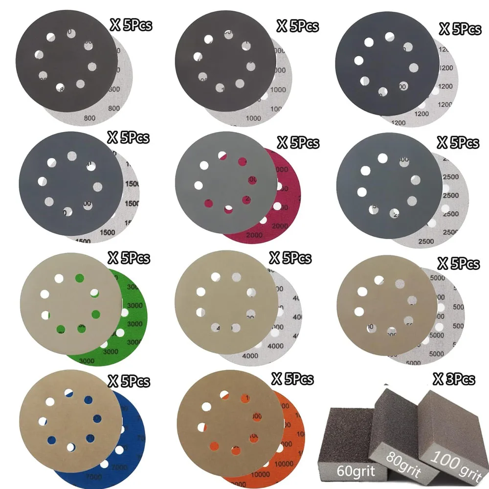 5 Inch 8 Holes Wet and Dry Sandpapers 58 Pcs Hook and Loop 800-10000 Grits with Sandpaper Block for Polishing Automotive Metal