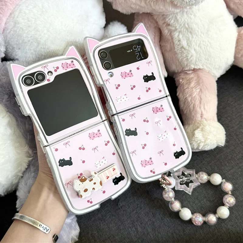 

Cute Cat Cherry Pink Phone Case for Samsung Galaxy Z Flip 6 5 4 3 Protective Back Cover for ZFlip4 ZFlip5 ZFlip6 Case