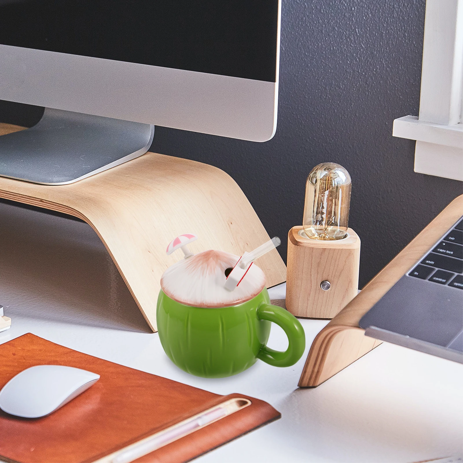 

Coconut Shaped Mug Ceramic Straw Cup with Lid for Milk Breakfast Cute Travel Party Decoration Straw Luau Tiki Cups