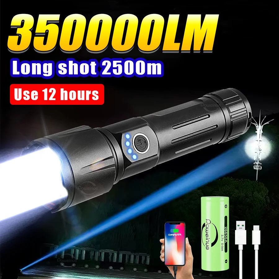 

350000lm Strong Light Led Flashlight Ultra Powerful 400w Led Torch Rechargeable Zoom Tactical Flashlights Spotlight Hunting Lamp
