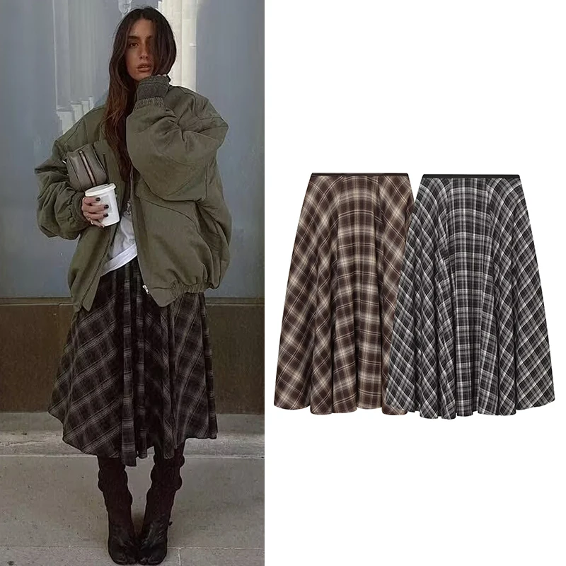 

Женские длинные юбки, осенне-зимние модные свободные клетчатые юбки трапециевидной формы, винтажные женские юбки с высокой талией