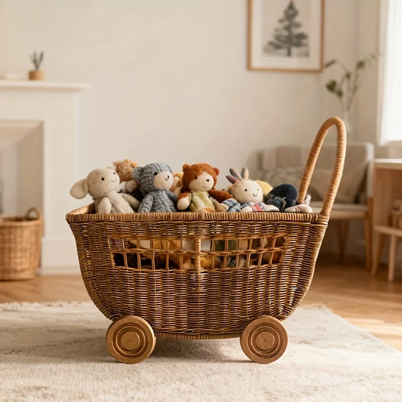 Vintage Rattan Cart Handwoven Wicker Doll Carriage for Toy Storage Home Decor Baby Shower Wedding Centerpiece Room Decor