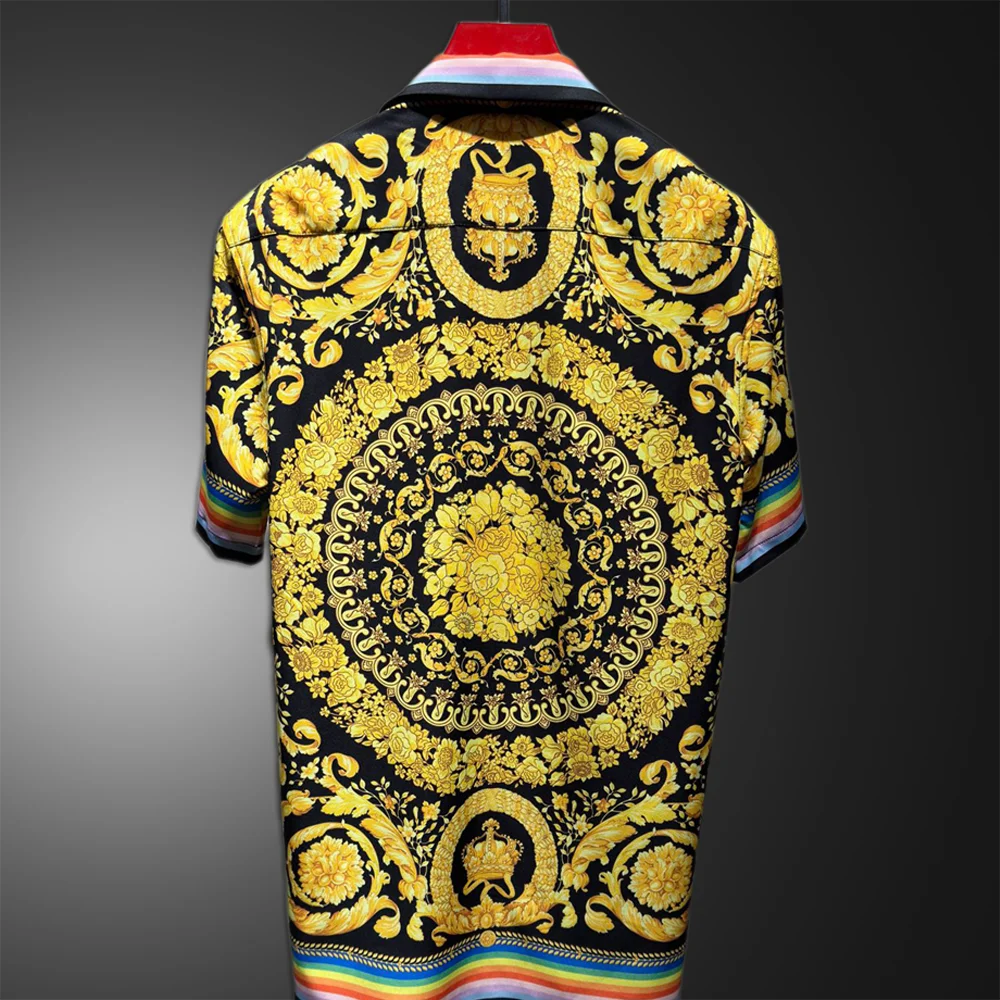 Men Slim Fit Non Ironing Thin Fashion Gold Paisley Short Sleeve Shirt  Men Clothing Floral Shirt Casual Business Dress Shirts