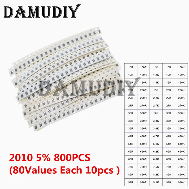 

800 шт./лот 2010 5% чип-резистор SMD в ассортименте, комплект 10R-910 кОм, 80 значений, набор образцов сопротивления