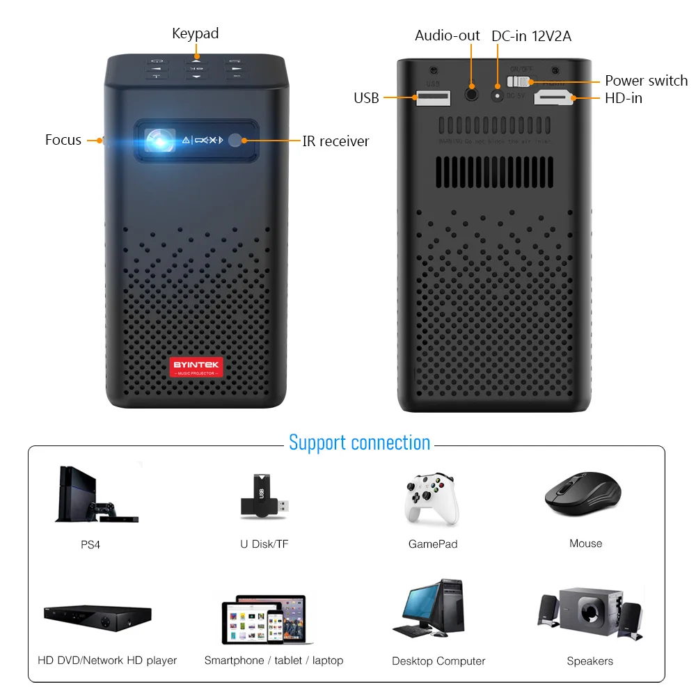 BYINTEK P20 DLP Projector 150 Inch Portable Android 9.0 Home Office Beamer For Smartphone Tablet Mobile Phone PC Proyector