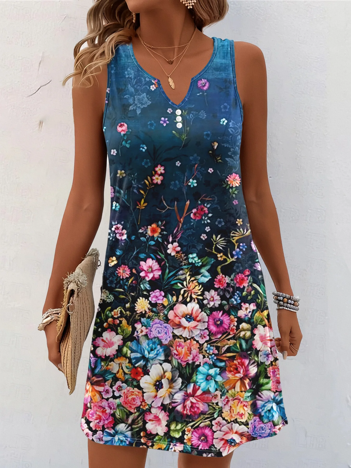 2024 Women's Summer Sleeveless V-neck Button-up Print Casual Dress Summer Dress