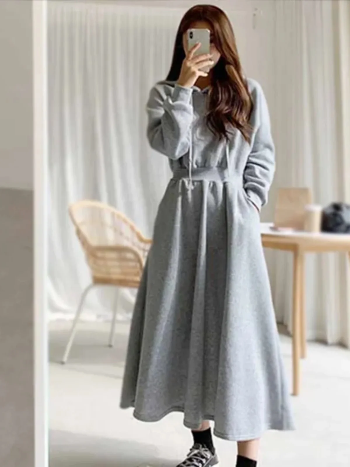 Sweater Dress Plus size Spring and Autumn Sweater Dress Women Long Slimming High-Knee High Waist Hood Dress Casual Skirt