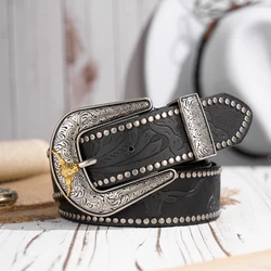 Western Cowboy PU Leather Belt - Men Waist Strap Bull Decoration Floral Engraved for Jeans