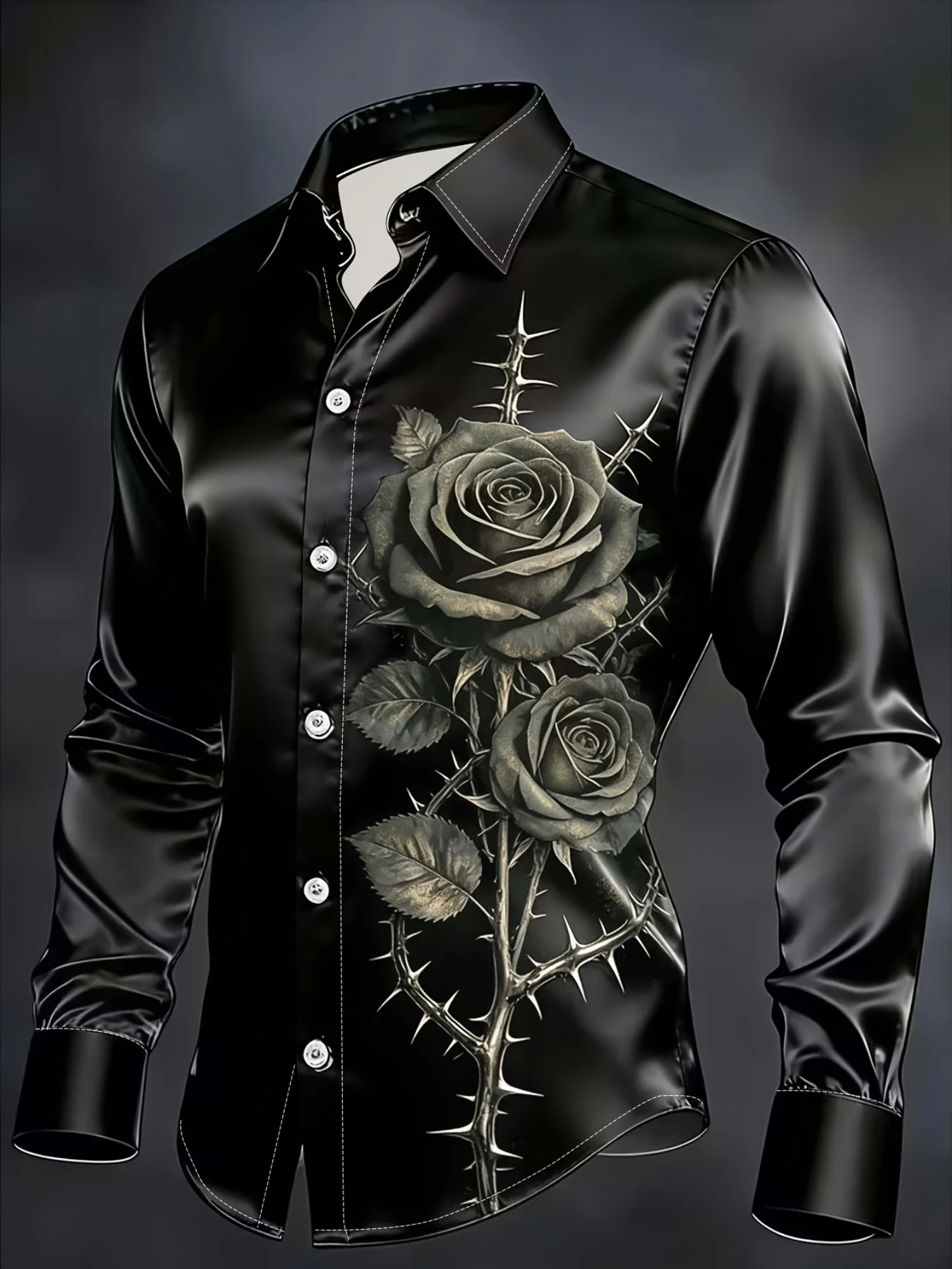 Men Long Sleeve Button Down Shirt Black Dark Rose Thorn Print Polyester Lapel Collar Gothic Party