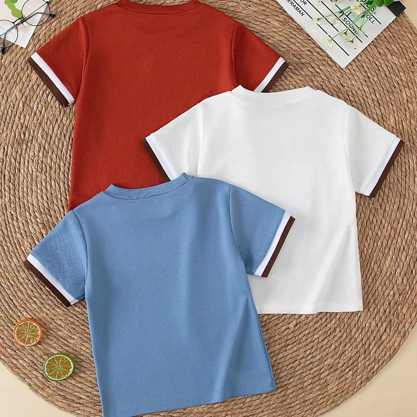 1/3 Piece Children's Summer Cuff Contrasting Fashionable Short-Sleeved Casual Versatile Round Neck T-Shirt for Boys and Girls