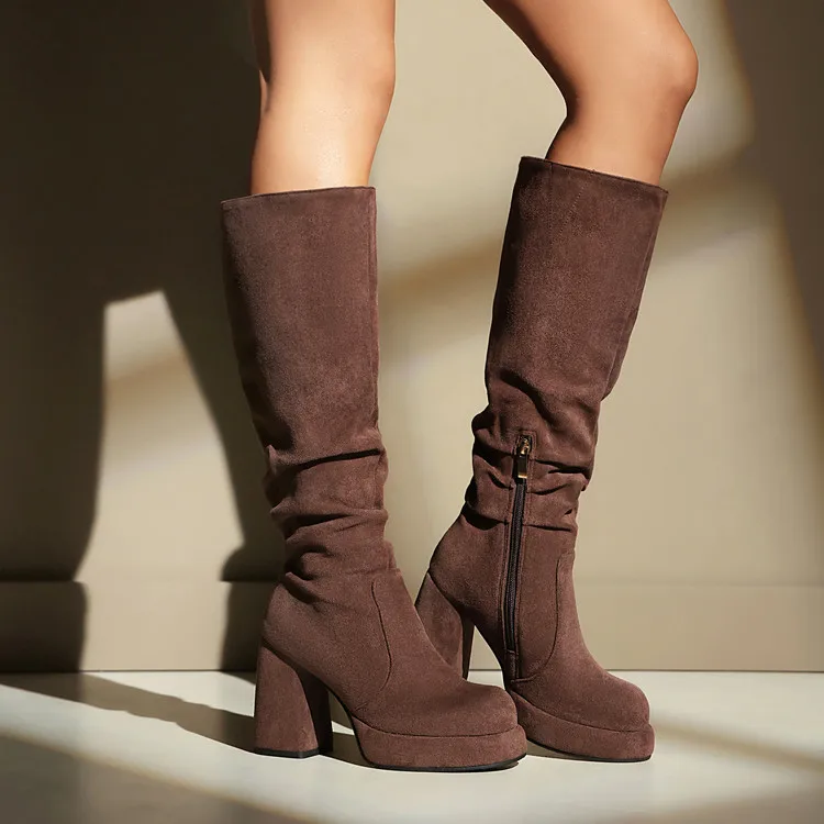 Faux Suede Women Knee High Boots Platform Chunky Heel Side Zipper Boots Fashion Footwear